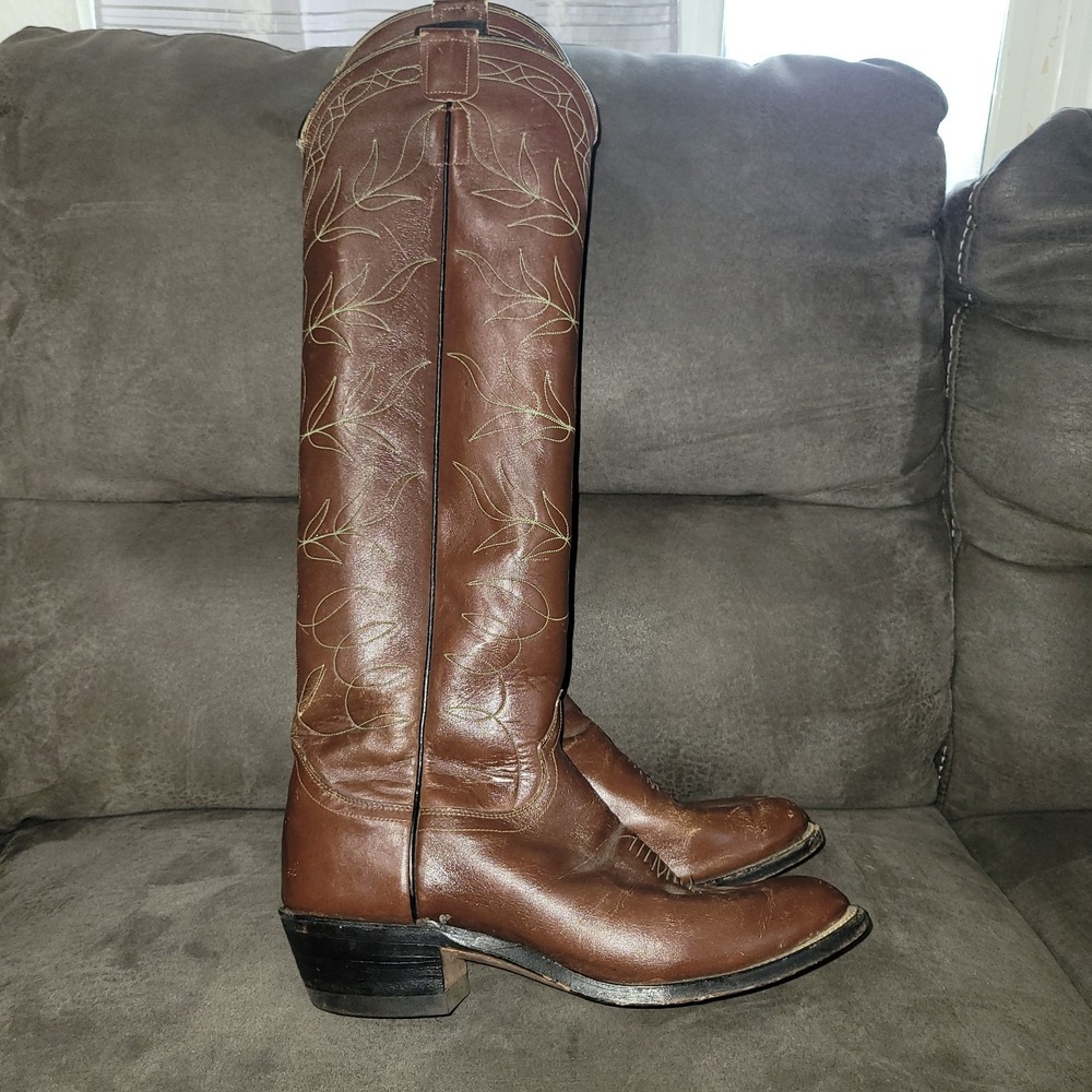 Olathe Brown Polo Western Cowboy Boots Turquoise Stitching Leaves Size 8.5